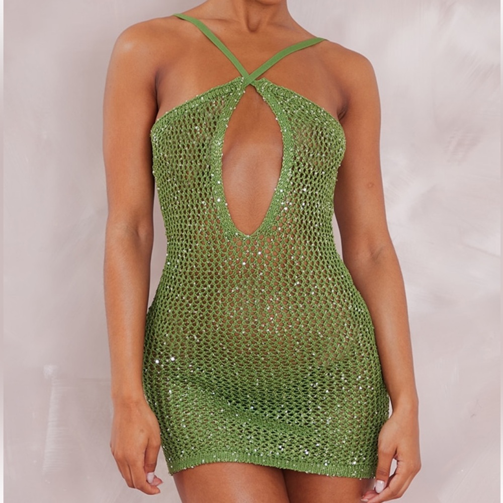 Famous PRETTYLITTLETHING Green Crochet Mini Dress Never Worn